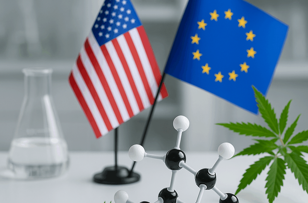 CBD regulations differences illustrated with US and EU flags and cannabis plant