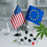 CBD regulations differences illustrated with US and EU flags and cannabis plant