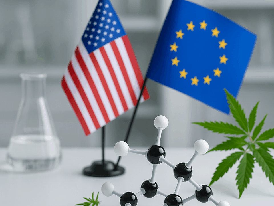 CBD regulations differences illustrated with US and EU flags and cannabis plant